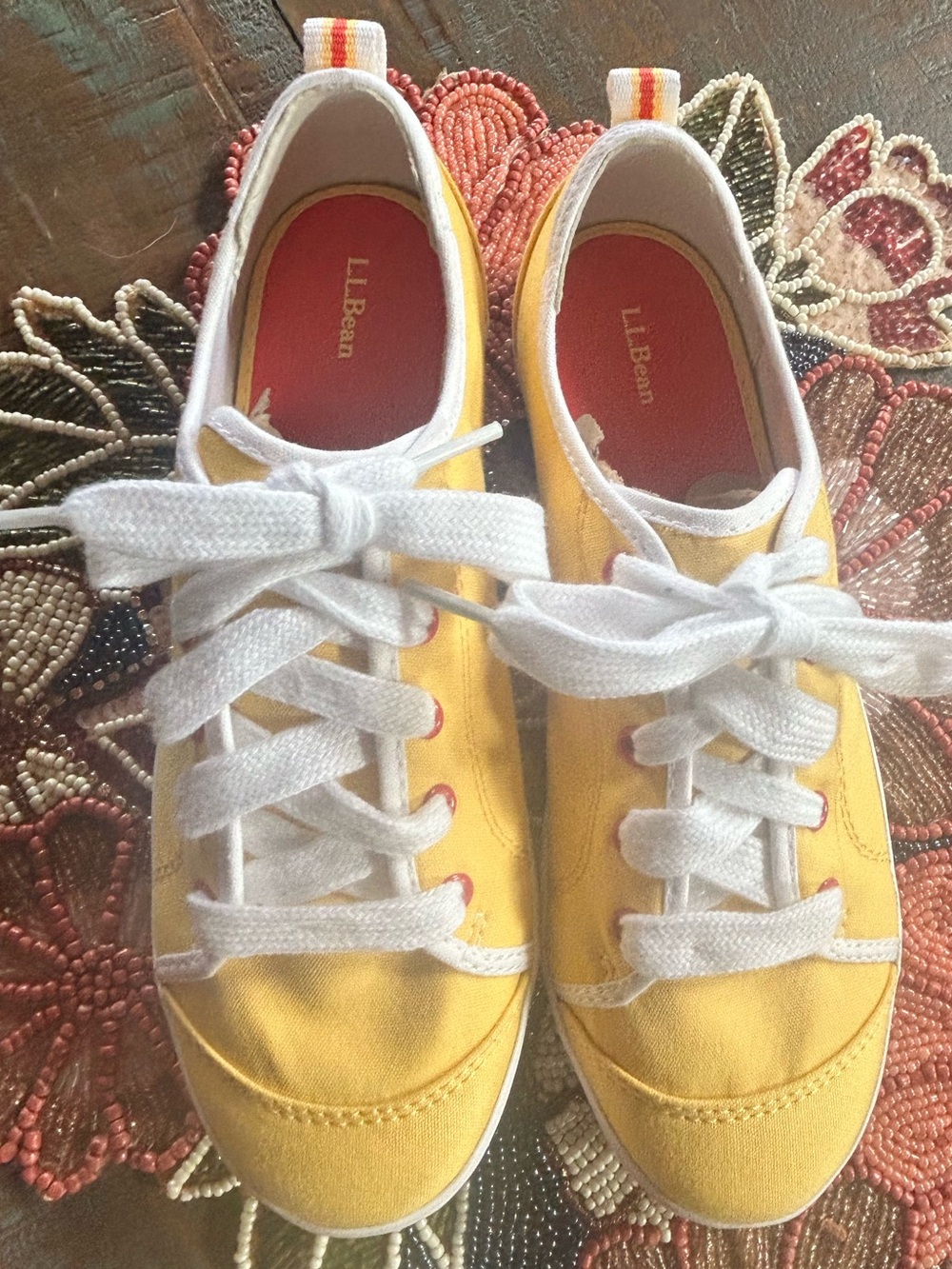 NEW L.L. Bean Women’s 7 Yellow Canvas Lace-Up Sneakers - Red Accents- Wide Laces